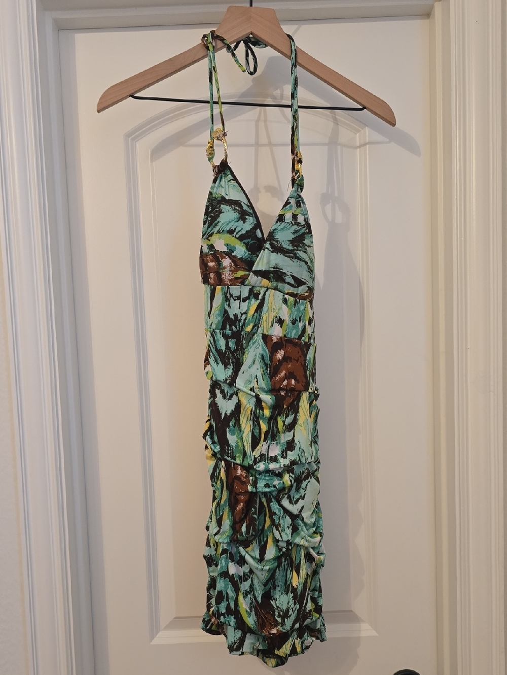 XOXO Halter Tropical Print Dress in Mint, Brown, Yellow